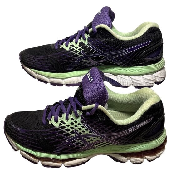 Asics Gel Nimbus 18 Running Shoes Womens Black Purple Green T557N Size 6.5 - Picture 1 of 14